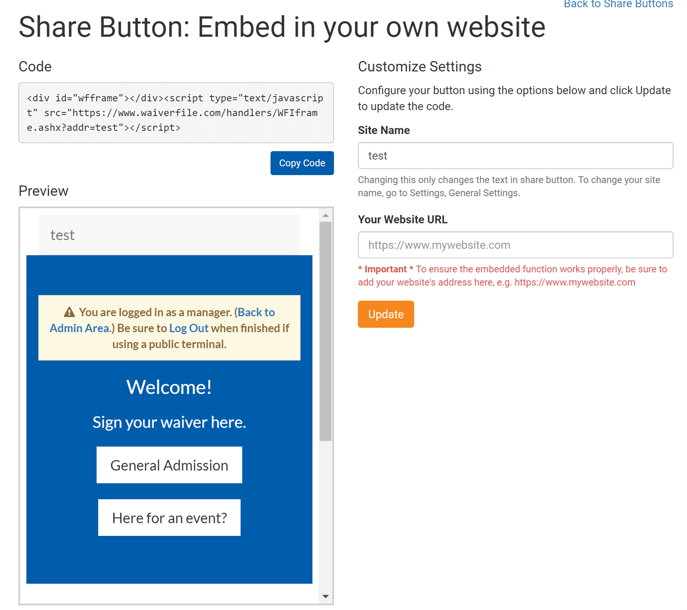 Embed waiver on your website